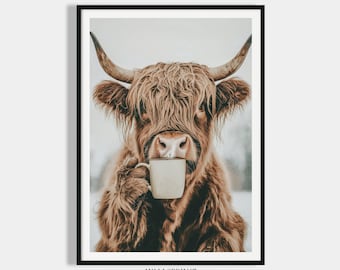 Póster de cocina con vaca de las Highlands tomando café, imagen para el comedor, impresión de cocina, póster, decoración de cocina, pared, café, regalo, imagen móvil de vaca de las Highlands tomando café