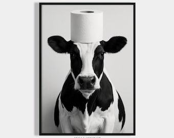 Cadeau huis kopen badkamerposter koe met wc-rol op de kop gastentoilet decoratie badkamerfoto's koe housewarming cadeau verhuizen