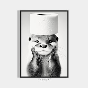 Otter Print Badezimmer Poster Tier auf Klo Geschenk Hauskauf Badezimmer Bild Wand Dekor Gäste WC Deko schwarz weiß Bild Otter Klopapier
