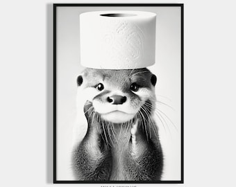 Otter Print Bathroom Poster Animal on the Toilet Gift House Purchase Bathroom Picture Wall Decor Guest Toilet Decoration Black and White Picture Otter Toilet Paper