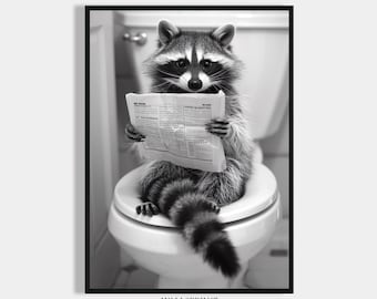 Raccoon on toilet reading newspaper poster bathroom animals guest toilet decoration raccoon on toilet bathroom pictures funny gift for moving house