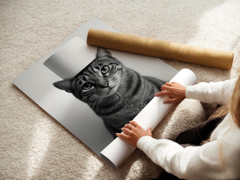 May include: Black and white print of a tabby cat with a curious expression. The print is partially rolled, with a brown paper tube and a white rolled paper tube nearby. The image is on a white surface, and the background is a light-colored carpet.