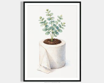 Badezimmer Poster mit Eukalyptus in Klopapierrolle als Watercolor Illustration - Gäste WC Deko und Geschenk Hausbau - Wanddekoration modern