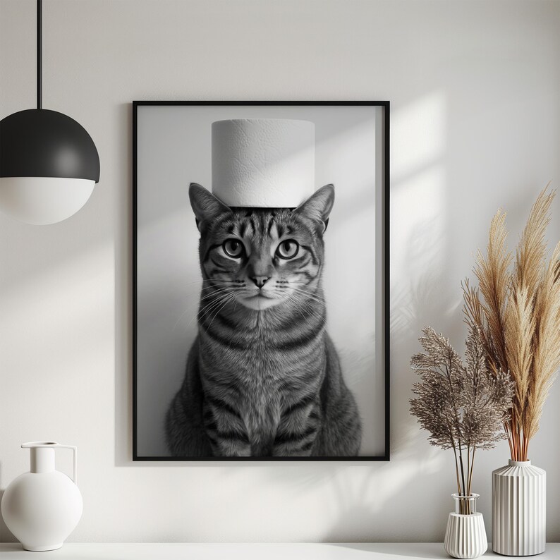 May include: Black and white framed print featuring a tabby cat with a roll of toilet paper balanced on its head. The cat has a serious expression and is centered in the frame. The print is displayed on a white wall.
