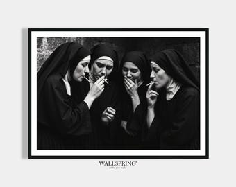 Nuns Smoking a Cigarette, Black and White Poster Living Room Print, Bedroom Picture, Housewarming Gift, Wall Decoration