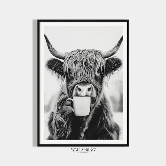 Kuh trinkt Kaffee Poster Küchenbild Schwarz Weiß Highland Kuh Esszimmer Bild Küchen Deko Wand Print Kaffee Geschenk Einweihungsparty Umzug