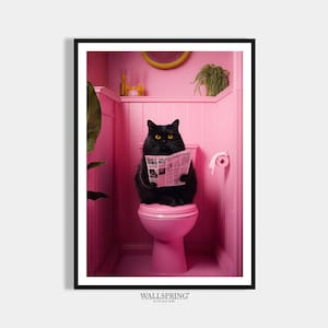 Kat op het toilet foto badkamerposter dieren op het toilet decoratie gastentoilet foto roze cadeau huisaankoop wanddecoratie kat die de krant leest
