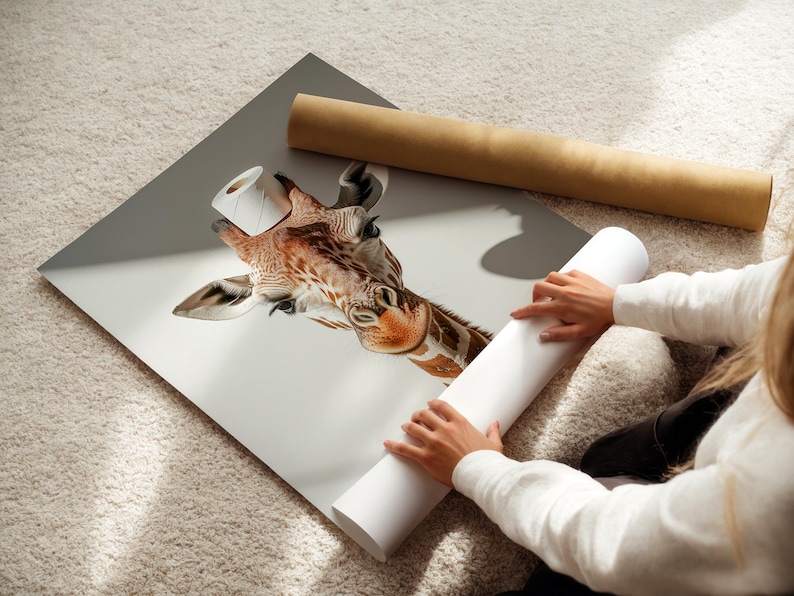 May include: A close-up of a giraffe's head with a toilet paper roll on its head. The giraffe is looking at the camera. The image is printed on a white canvas.