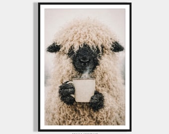 Funny Kitchen Coffee Poster - Sheep Drinking Coffee Wall Decor for Dining Room Picture - Gift for Coffee Lovers Print - Modern Home Decor