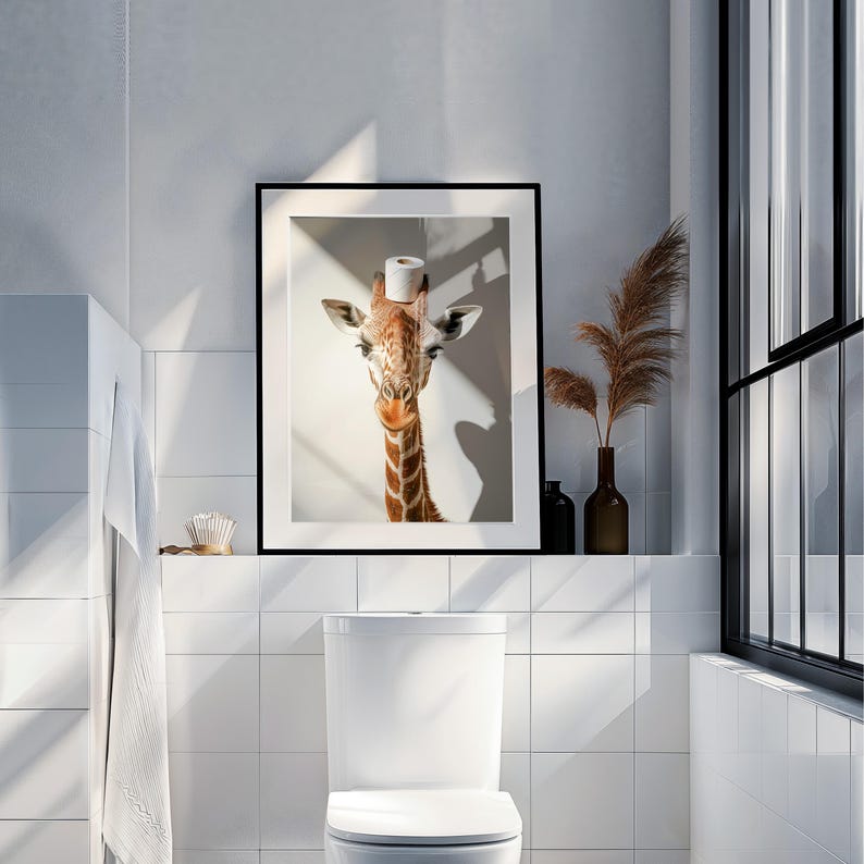 May include: A framed print of a giraffe with a toilet paper roll on its head. The giraffe is looking directly at the camera. The print is hanging in a bathroom with white tile and a white toilet.