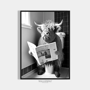 Kuh auf Klo Poster Gäste WC Bild Badezimmer Deko Highland Cow auf Toilette Lustige Poster Wanddeko Art Deco Wanddekoration Stier Lustig