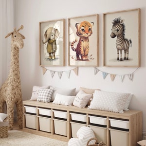 Conjunto de pósteres de animales para habitación de niños, paquete de pósteres de animales, imágenes para habitación de niños, decoración de pared, póster boho, regalo para padres, nacimiento de elefante, tigre, póster de cebra