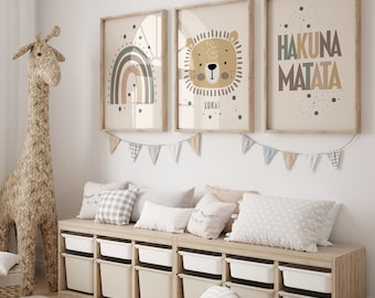 Ensemble d'affiches pour chambre d'enfant Affiche bohème Affiche Hakuna Matata Lion Ensemble personnalisé Décoration murale Affiche bohème Cadeau parents Photos wallspring®