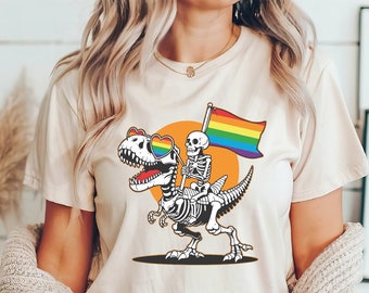 LGBT Skeleton Shirt, Skeleton Pride Shirt, Gay Skeleton Shirt, Dinosaur Pride Tshirt, Queer Pride Tee, LGBTQ Flag Shirt, Rainbow Gay T-shirt