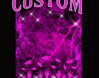 May include: A black background with the word "CUSTOM" in large, pink letters at the top. Below, a pink and purple abstract design with lightning bolts and graduation caps. The text "YOUR SCHOOL HERE" is at the bottom.