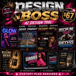 Könnte beinhalten: Werbegrafik für "Design Boss", ein KI-Design-Tool, mit dem Text "Design Boss" in Silber und Gold. Die Grafik enthält Beispiele für Flyer, Poster und Branding-Materialien. Der Sonderpreis beträgt 67 € für lebenslangen Zugriff.