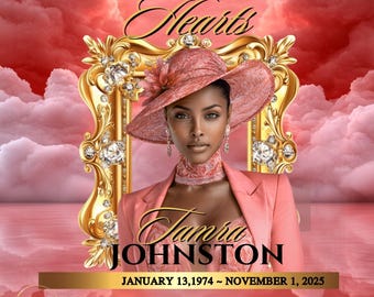 May include: A memorial graphic featuring a woman in a pink hat and blazer, framed in gold. The text reads "FOREVER IN OUR Hearts" and "Tamra JOHNSTON" with dates "JANUARY 13,1974 ~ NOVEMBER 1, 2025" and "IN LOVING MEMORY". The background is a cloudy pink.