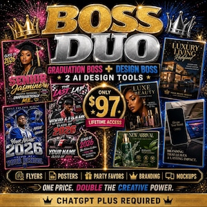 Può includere: Grafica promozionale con il testo "BOSS DUO" e "GRADUATION BOSS + DESIGN BOSS". Presenta mockup di volantini, poster e materiali di branding. Il prezzo è di $97 con accesso a vita. La grafica include immagini di laureati e prodotti di bellezza.