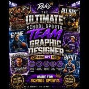 May include: A digital graphic design advertisement for Rah's The Ultimate School Sports Team Graphic Designer. The purple and black poster features various sports imagery, text overlays, and icons for custom player cards, team flyers, and social media designs.
