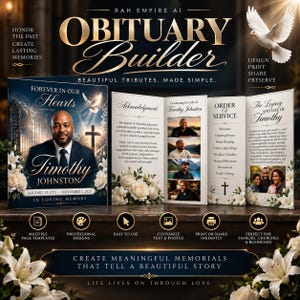 May include: A digital template for a funeral program titled Obituary Builder, featuring a portrait of Timothy Johnston, white lilies, and a dove. The layout includes sections for Acknowledgement, Order of Service, and The Legacy and Life of Timothy.