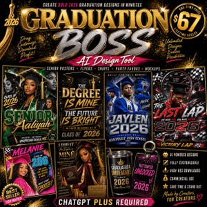 Könnte beinhalten: Eine Werbegrafik für ein Abschlussdesign-Tool. Das Design zeigt den Text "GRADUATION BOSS" mit verschiedenen Designs zum Thema Abschluss, darunter Senior-Poster, Flyer und Mockups. Die Grafik enthält den Text "AI Design Tool" und "ChatGPT Plus Required."