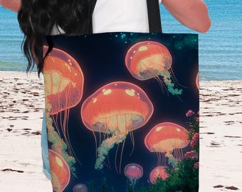 Jellyfish Ghibli Tote Bag – Aesthetic AOP Beach Tote, Weekender Shoulder Bag, Ghibli Art Gift for Best Friend.