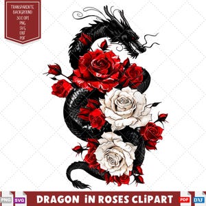 Dragon and Roses SVG Clipart, Japanese Dragon Tattoo Design, Printable Dragon Stencil, Best for Tattoos & Decor, Woman Tatoos Ideas.