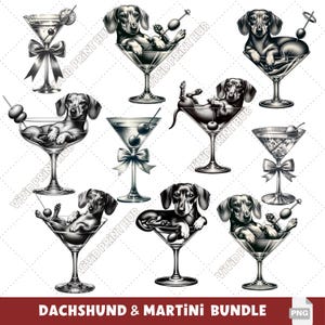 Może przedstawiać: Zestaw ośmiu ilustracji przedstawiających jamniki w kieliszkach do martini. Każdy pies jest w innej pozie, a kieliszki są ozdobione oliwkami i wiśniami. Ilustracje są w czerni i bieli.