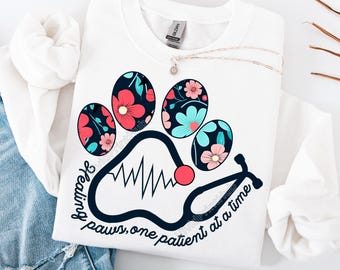 Vet Tech PNG – Floral Paw Print Digital Design for Shirts, Mugs - Healing Paws One Patient at a Time - Vet Week Printable Stethoscope Sharm.