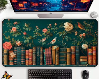Botanical Desk Mat and Mouse Pad Set, Vintage Green Workspace Decor for Book Lovers.