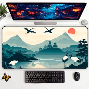 Aesthetic Japanese Desk Mat in Japandi Zen Style, Desk Accessories for Workspace, Cute Mouse Pad, Best Selling Lofi Desk Mat Japanese Art.