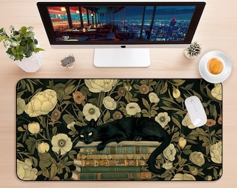 William Morris Black Cat Desk Mat, Green Floral Print
