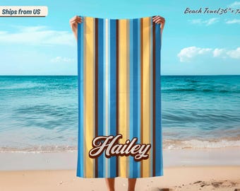 Custom Beach Towels Personalized Boho Towel for Beach House Decor Retirement Gift Retro Stripe Beach Vibe Towels Customized Gift for Her.