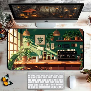 Studio Ghibli cozy coffee shop desk mat, aesthetic anime mouse pad featuring Ghibli lover art decor for Studio Ghibli fans.