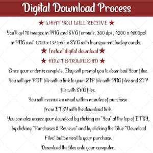 May include: Instructions for downloading 10 images in PNG and SVG formats. The images are 4200 x 4800 pixels in PNG and 1200 x 1371 pixels in SVG with transparent backgrounds. The instructions explain how to download the files after purchase from Etsy.