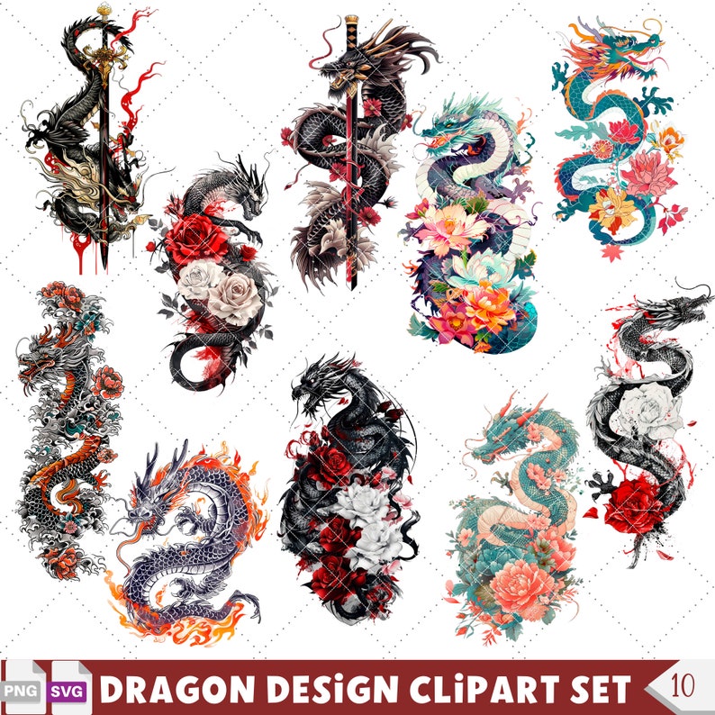 Japanese Dragon clipart featuring intricate designs for printable projects, dragon tattoos, and stencils. Ideal for crafting, printable designs, and creative tattoo ideas.