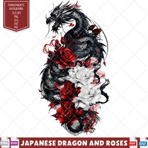 Intricate Japanese Dragon Tattoo Design Elegant Dragon and Roses Printable Dragon Stencils Perfect Gift for Dragon Lovers.