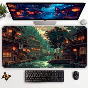 Lo-Fi Aesthetic Desk Mat Pixel Art Anime Mouse Pad Large for Creative Workspaces Unique Oriental 8-Bit Art Desk Decor Gift for Her.