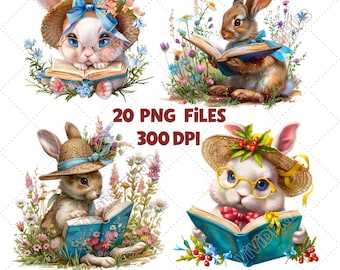 Bunny Reading Book Clipart Bundle, DIY Invitations (20 PNG Files)