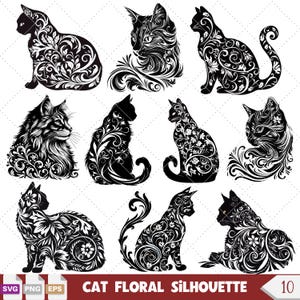 Pacchetto silhouette floreale di gatto nero - Set SVG di silhouette di gatto per taglio laser, tatuaggi e taglio con plotter - Regalo ideale per gli amanti dei gatti.