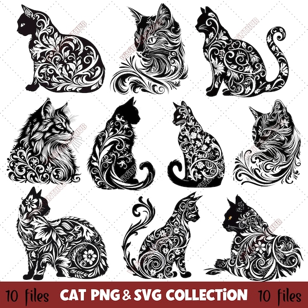 Cat Vector Floral Silhouette Bundle: 10 SVG & PNG Files, Black Cat Vectors for Design and Gifts, Black Cat Silhouette svg, Cat Face SVG.