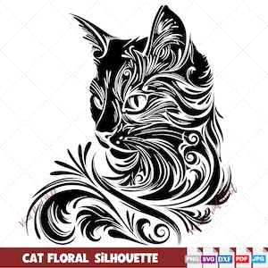 Design chique de silhueta de gato preto, gato floral SVG, perfeito para artesanato, tatuagens e plotters, presente exclusivo para amantes de gatos, gato preto SVG.
