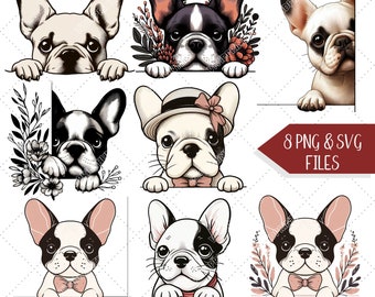 May include: Eight digital illustrations of French Bulldogs peeking from behind a white surface. Each bulldog has a different expression and is decorated with flowers, a hat, or a bow tie. The illustrations are in a boho style.