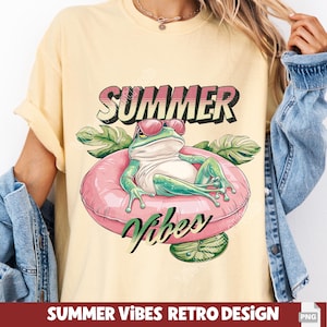 Illustration PNG de grenouille mignonne pour des ambiances estivales, impression de plage rétro, conception de t-shirt à sublimation de vacances amusantes pour femme, conception de pêche rétro.
