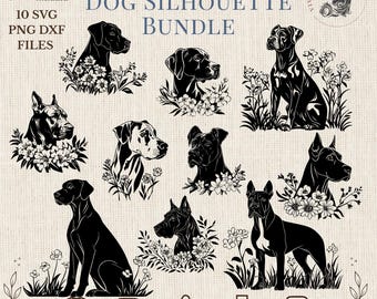 Great Dane SVG Bundle, Floral Dog Silhouette Clipart for Cricut and Laser Engraving