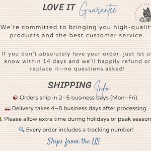 May include: Text on a beige background includes "LOVE IT Guarantee" and a guarantee of high-quality products and customer service. It also states a 14-day return policy and includes shipping information.
