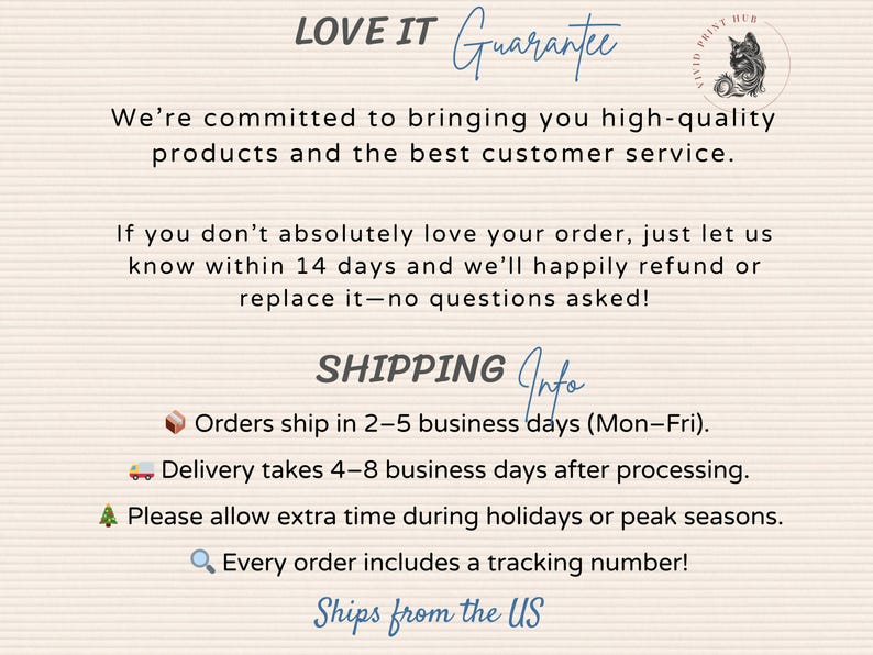 May include: Text on a beige background includes "LOVE IT Guarantee" and a guarantee of high-quality products and customer service. It also states a 14-day return policy and includes shipping information.