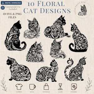 May include: A digital collection of 10 floral cat designs in black silhouette style with intricate botanical patterns. The text reads 10 FLORAL CAT DESIGNS, 10 SVG & PNG FILES, and VIVID PRINT HUB. Includes icons for t-shirts, mugs, bags, laser, and stickers.