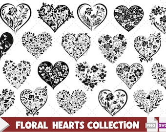 Floral Heart SVG Clipart Bundle – Elegant Flower Designs, Laser Cut Files