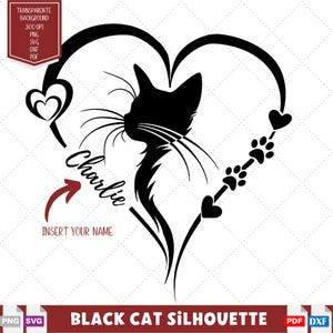 Diseño de San Valentín de moda SVG de gato negro personalizable para proyectos Cricut, grabado láser para amantes de los gatos para regalos personalizados de bricolaje para mamá gata.